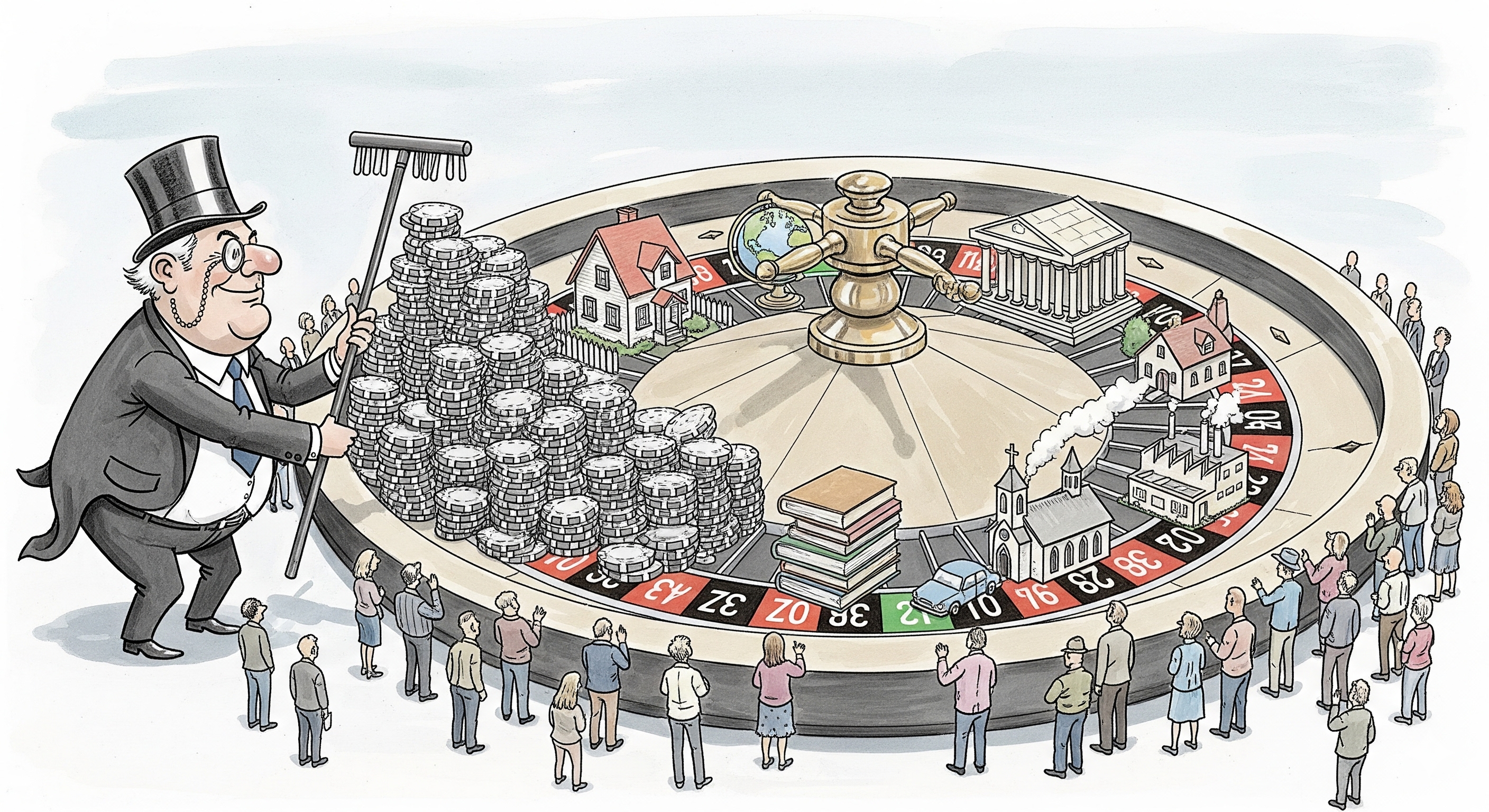 Editorial cartoon of a roulette wheel with miniature real-world items
